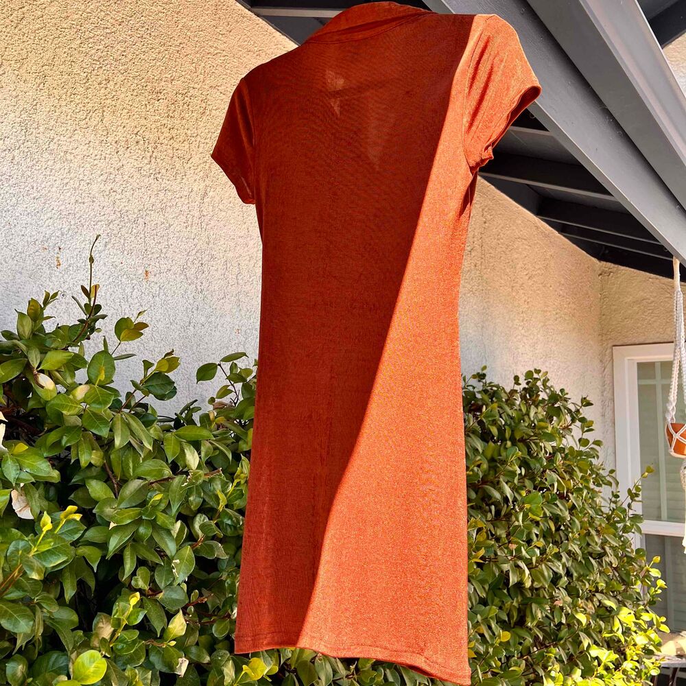 Just Polly Dress NWT Slinky Ruched Button Down Burnt Orange Brown Size Small - Picture 6 of 8